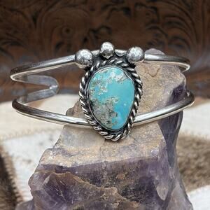 Native American Sterling Silver Turquoise Two Band Cuff Bracelet Women’s Sz 6.5